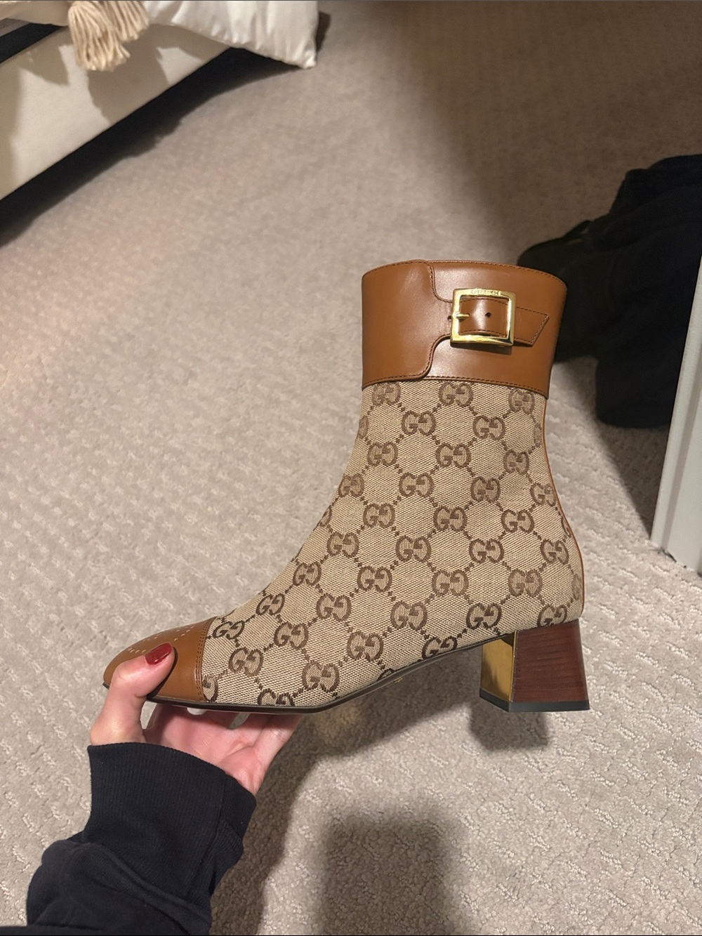 Gucci Brown GG Canvas Ankle Boots with Gold Buckle